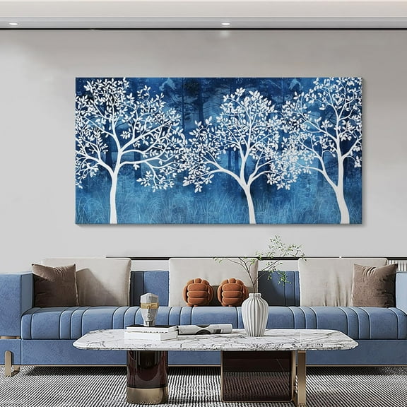 AEFER Wall Art Living Room - Abstract Blue and White Tree Forest Rustic Pictures Natural Landscape Canvas Print Paintings for Bedroom Office Home Farmhouse Gym Cafe Decor Frame: 24x20inch(60x50cm)