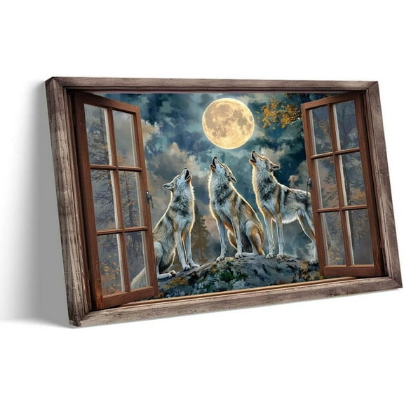 AEFER Wolf Wall Art Moonlight Scenery Poster Retro Wild Animals Pictures Prints Abstract Canvas Wolf Poster for Home Decor Frame: 16x20inch(40x50cm)