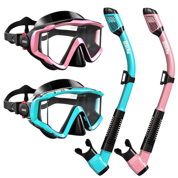 AEGEND 2 Pack Adult Snorkel Combo, Tempered Glass Mask - Light Blue & Pink
