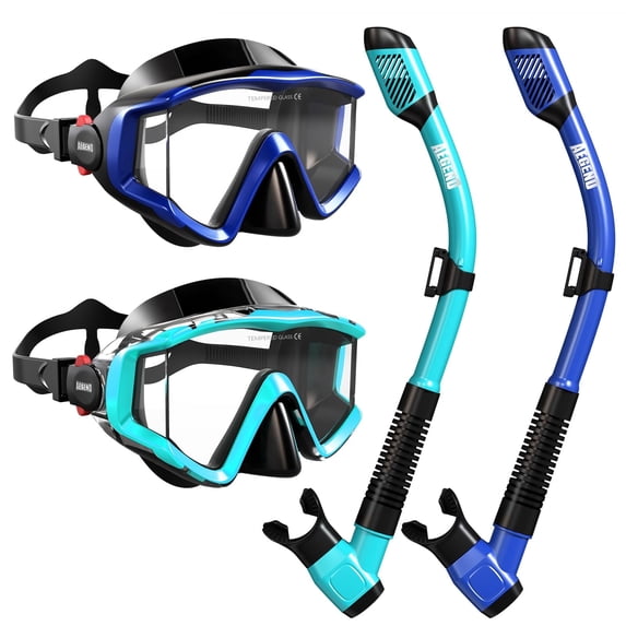 AEGEND 2 Pack Adult Snorkel Combo, Tempered Glass Mask - Light Blue & Deep Blue