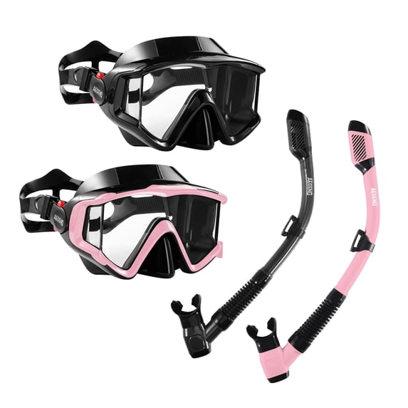 AEGEND 2 Pack Snorkeling Gear for Adults, Diving Mask with Anti-Leak Dry-Top Snorkel Set, Anti-Fog Panoramic Wide View with Mesh Bag for Swimming Travel, Black & Cherry Pink