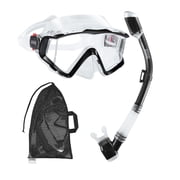 AEGEND Adult Snorkel Set, Travel Size Snorkeling Gear for Adults, 3 Window Anti-Fog Panoramic View Scuba Diving Mask and Dry Top Snorkel Combo, Clear Black