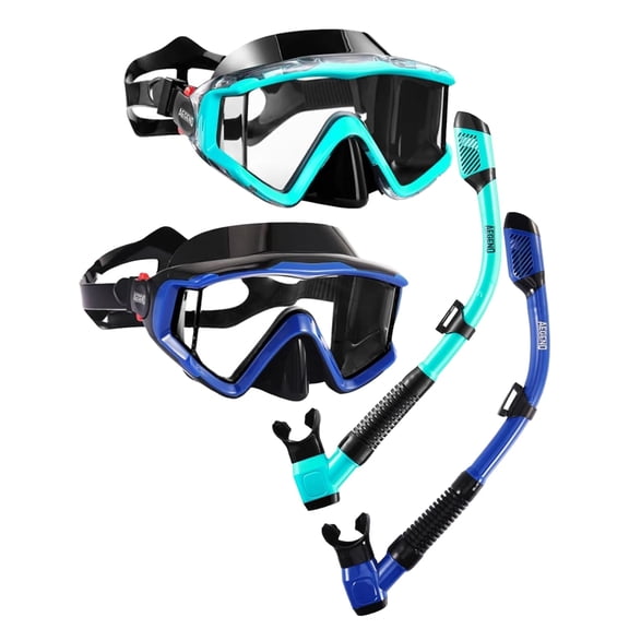 AEGEND 2 Pack Snorkeling Gear for Adults, Diving Mask with Anti-Leak Dry-Top Snorkel Set, Anti-Fog Panoramic Wide View with Mesh Bag for Swimming Travel, Light Blue & Deep Blue