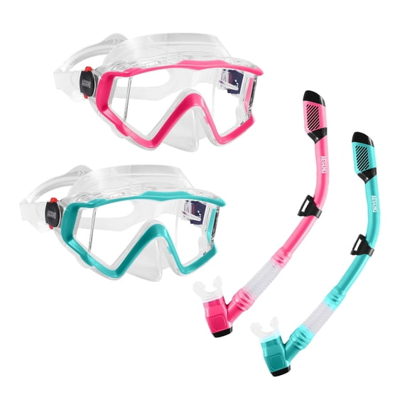 AEGEND 2 Pack Snorkeling Gear for Adults, Diving Mask with Anti-Leak Dry-Top Snorkel Set, Anti-Fog Panoramic Wide View with Mesh Bag for Swimming Travel, Rose Red & Light Green