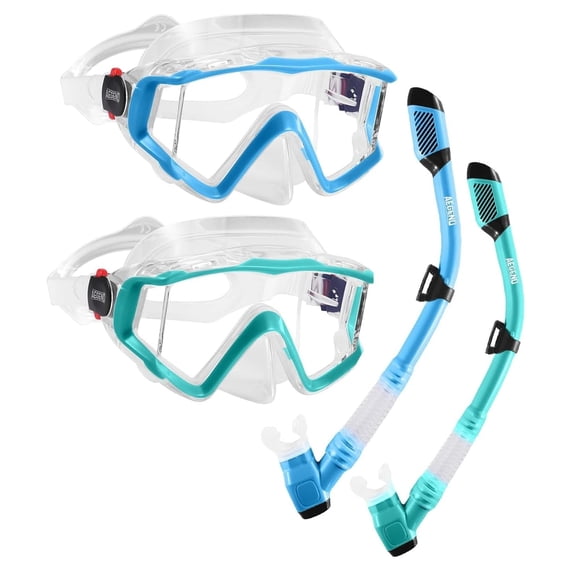 AEGEND 2 Pack Snorkeling Gear for Adults, Diving Mask with Anti-Leak Dry-Top Snorkel Set, Anti-Fog Panoramic Wide View with Mesh Bag for Swimming Travel, Sky Blue & Clear Green
