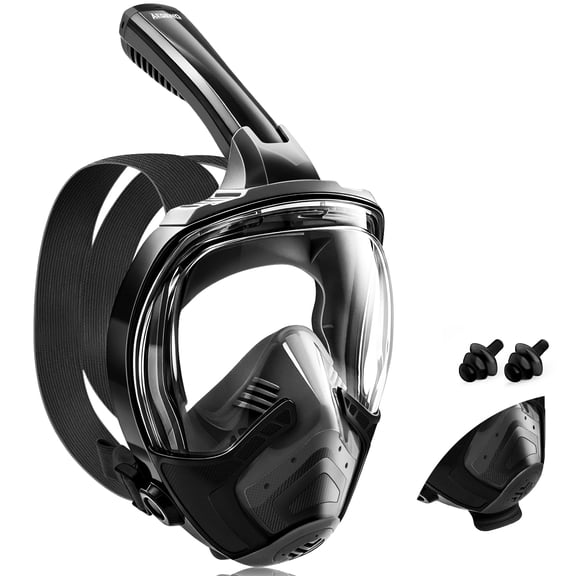 AEGEND Full Face Snorkel Mask for Adults, 180° Panoramic View Dry Top Snorkeling Gear with Anti-Fog Lens, Dual Airflow System & Quick Release Handle, Black - S/M