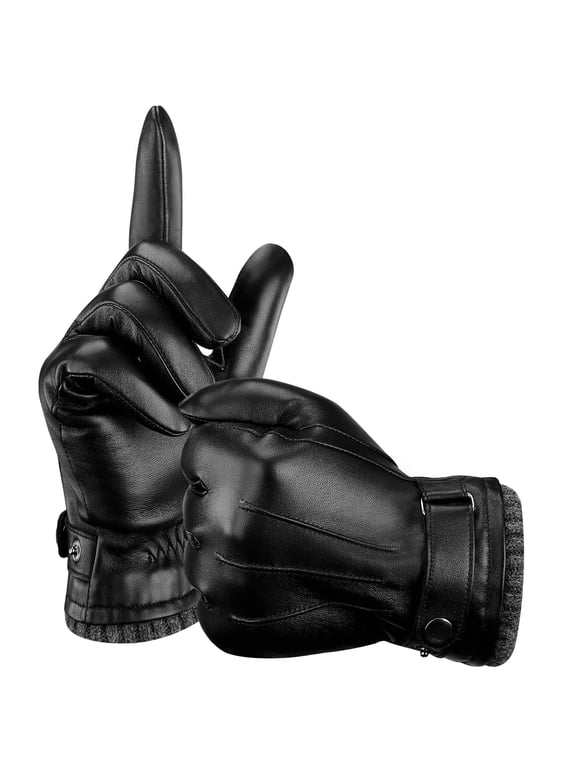 Mens Winter Gloves, Leather Warm Wool Touchscreen Dress Glove for Driving Riding, Thermal Gift for Dad Husband, Black - XL