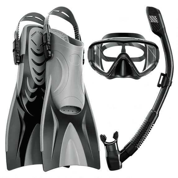 AEGEND Snorkel Set for Adults, 4-in-1 Snorkeling Gear with Panoramic Anti-Fog Mask, Dry Top Snorkel, Adjustable Swim Fins & Travel Bag for Diving Swimming, Black-S/M