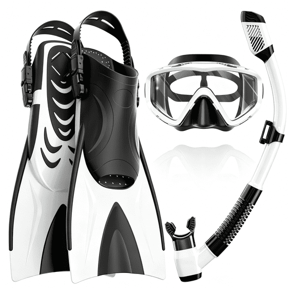 AEGEND Snorkeling Gear for Adults, 4-in-1 Snorkel Set with Panoramic Anti-Fog Mask, Dry Top Snorkel, Adjustable Swim Fins & Travel Bag for Diving Swimming, White-S/M