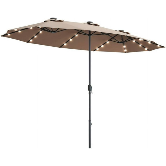 AEGFKD 15 Ft Double Sided Patio Umbrella with Solar Lights, Extra Large Rectangle Outdoor Umbrella with 36 LED Lights & Crank Handle for Deck, Poolside, Garden, Backyard (Tan)