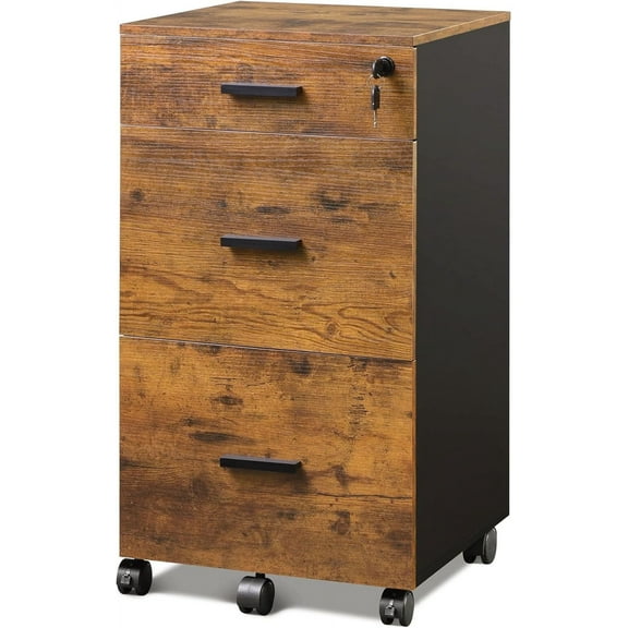 AEGFKD 3 Drawer Rolling File Cabinet with Lock, Wood Filing Cabinet fits Letter / A4 Size for Home Office, Rustic Brown
