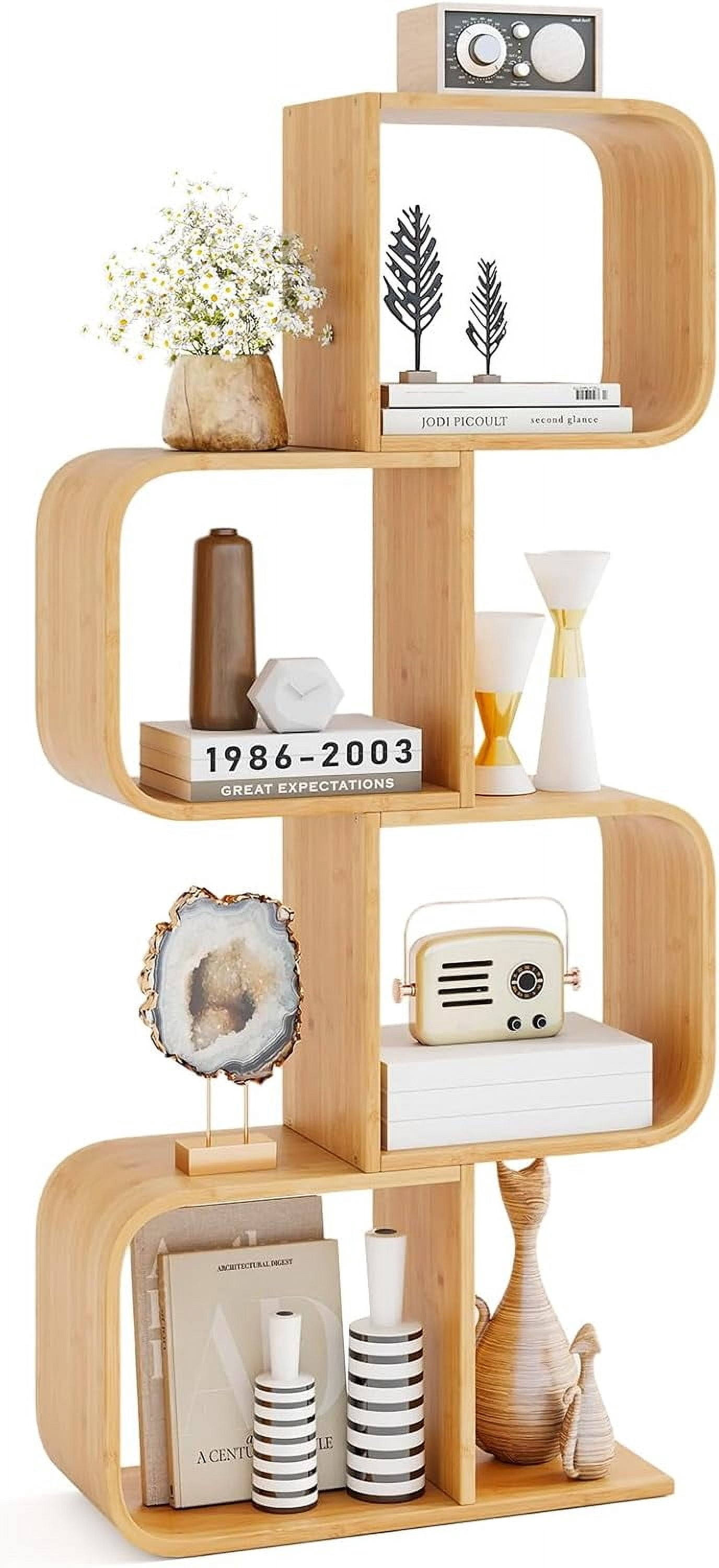 Tangkula Bamboo S-Shaped Bookshelf – 2-Tier Geometric Display Shelf, Anti-Tip Device, Open Cubes For Living Room, Bedroom, Office 4 thumbnail image