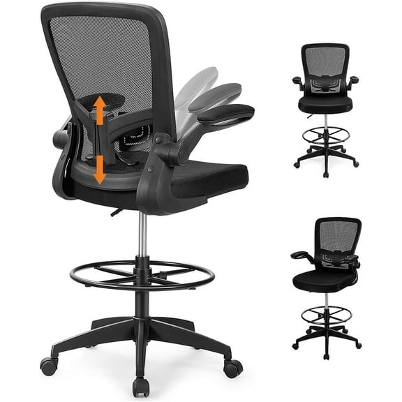 AEGFKD Drafting Chair, Ergonomic Tall Office Chair with Adjustable Lumbar Support & Footrest Ring, Executive Computer Standing Desk Chair with Flip-up Armrests, High Back Office Rolling Stool, Black
