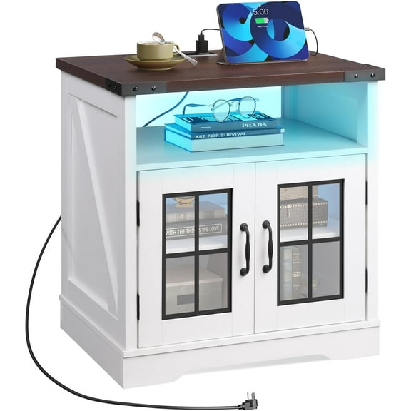 AEGFKD Farmhouse End Table, Living Room Side Table with Charging Station, LED Farmhouse Nightstand with Adjustable Storage Shelf for Living Room, Bedroom, Office, Rustic Side Tables, Espresso