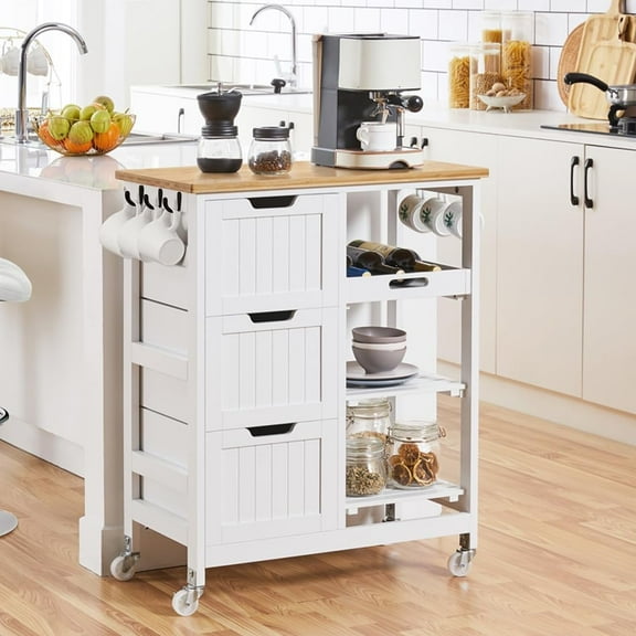 AEGFKD Kitchen Island Cart on Wheels with Bamboo Countertop, Rolling Serving Utility Trolley Cart with 3 Drawers, 3 Removable Shelves & Lockable Casters, Storage Cabinet for Dining Room, Bar, White
