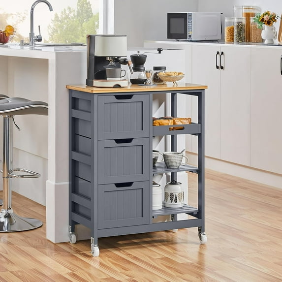 AEGFKD Kitchen Island Cart on Wheels with Storage, Rolling Bar Cart with Solid Wood Top and 3 Drawers, 3 Removable Shelves, Serving Utility Carts for Dining Room/Small Kitchen, Dark Gray