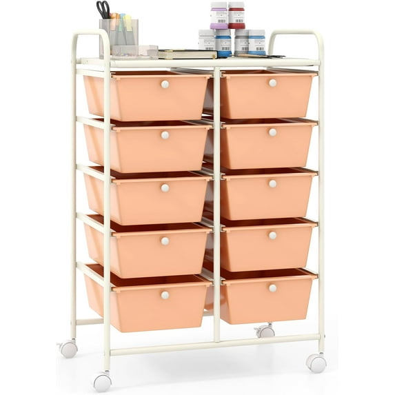 AEGFKD10 Drawers Rolling Cart, Classroom Organizers, Storage Cart with Wheels, for Teacher Office Home School Supplies Tool Craft Art Paper, Peach Fuzz