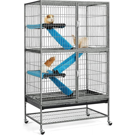 AEGFKD54'' Rolling Ferret Cage Large 4-Tiers Chinchilla Cage Small Animal Cage for Adult Rats/Guinea Pigs/Chinchilla/Sugar Glider w/ 2 Removable Ramps/Hammock, Black
