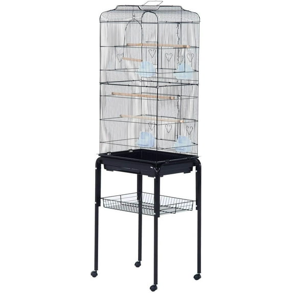 AEGFKD60" Metal Indoor Bird Cage Starter Kit with Detachable Rolling Stand, Storage Basket, and Accessories, Black