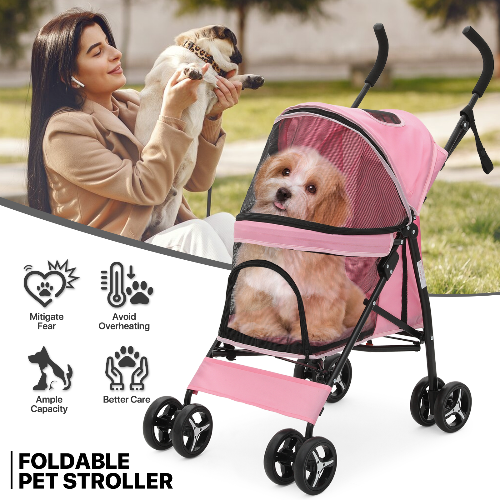 Pet Travel Carriage 4 Wheeler Dog Stroller with Foldable Carrier Cart Cup Holder