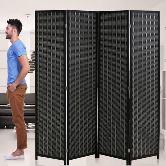 AEGFKDRoom Divider Privacy Screen Folding 4 Panel 72 Inches High Portable Room Seperating Divider, Handwork Bamboo Mesh Woven Design Wall, Room Partitions and Dividers Freestanding, Black