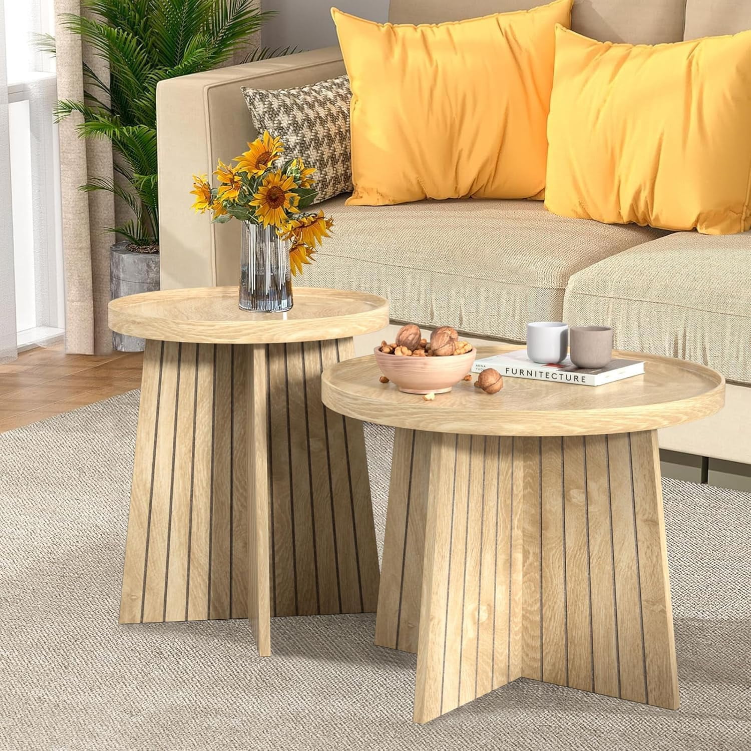 AEGFKDRound Coffee Table Set of 2, Mid Century Modern Fluted Nesting ...