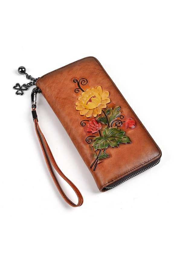 Leather Floral Wristlet Wallet for Women, Zipper, Handmade A101