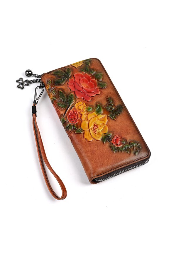 Leather Wallet for Women, Zipper Clutch Wristlet Purse, Hand Painted Rose Floral Pattern A101