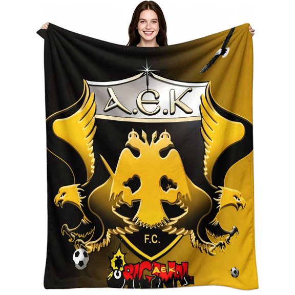 AEK Athens FC Double Headed Eagle Print, Warm Soft Flannel Fleece, Classic Sports Fan, Throw Blanket, Passionate Loyal, Sport Theme Decor, for Sofa Bed Fan Gift