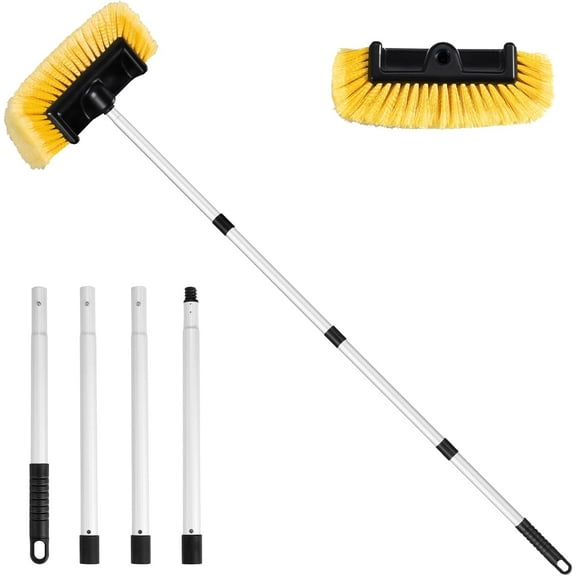 AEL 62" Car Wash Brush with Long Handle, Soft Nylon Bristles, Aluminum Handle, Yellow, Includes Extension Pole, Universal for Car, RV, Truck, SUV