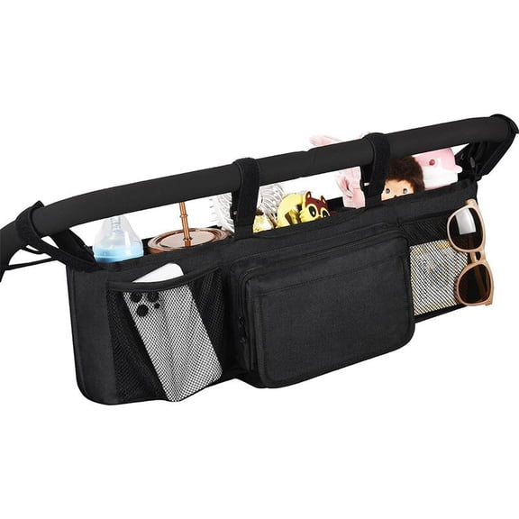 AEL Double Stroller Organizer with 2 Insulated Cup Holders, Large Side-by-Side Stroller Caddy with Adjustable Straps, Wipes Pocket and Zipper Storage, Black