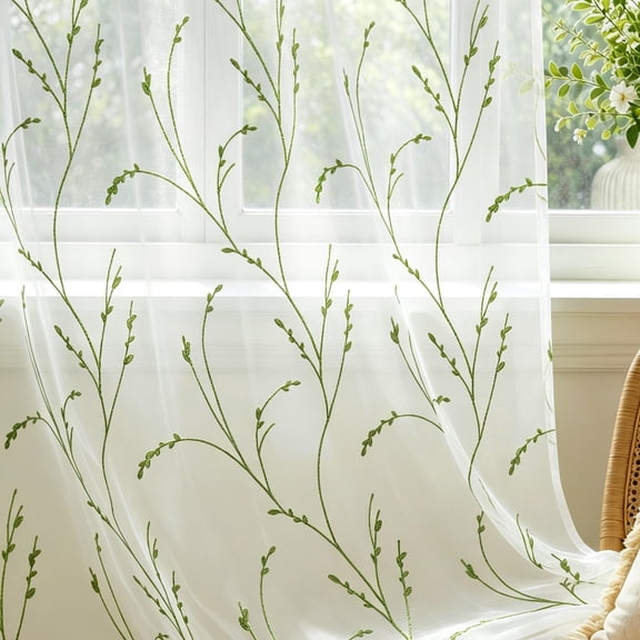 AELS 2 Panels Semi Sheer Curtains, 52"W x 84"L Grommet Voile Curtains, Embroidered Leaf & Stem Lace, Light Filtering Window Drapes for Living Room Bedroom, Green