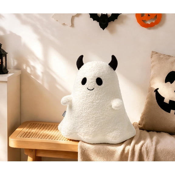 AELS Boy Ghost with Horns Throw Pillow, Spooky Ghost Shaped Plush Cushion, Halloween Home Decor for Living Room Bedroom Sofa, White