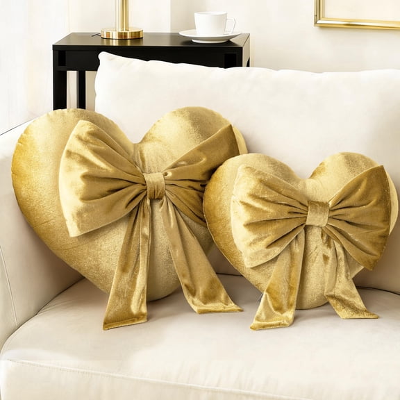 AELS Heart Shaped Pillow with Bow, Set of Heart Decorative Throw Pillows, Velvet Love Cute Pillows, Valentines Day Decorations, Wedding Decor, Living Room Bedroom Nursery Decor, Golden C113