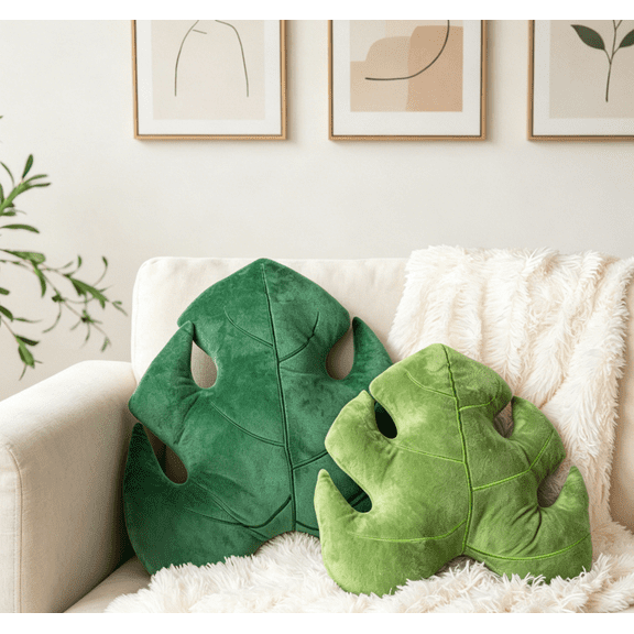 AELS Set of 2 3D Monstera Deliciosa Leaf Pillows, Plush Cushions for Plant Lovers, Living Room Bedroom Nursery Decor, Light Green & Dark Green
