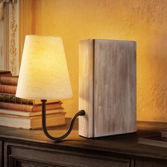 AELS Wooden Bookshelf Lamp with Bulb, Table Lamp with Linen Shade, 3-Color Dimmable Touch Control, Modern Farmhouse Decorative Bookend, Book Sconce for Office Home Bedroom Bookshelf, White