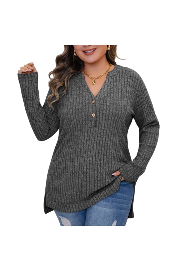 Womens Sweater Plus Size Long Sleeve V-Neck Pullover Sweaters for Women Lightweight Brushed Side Slit Tops,1XL~5XL