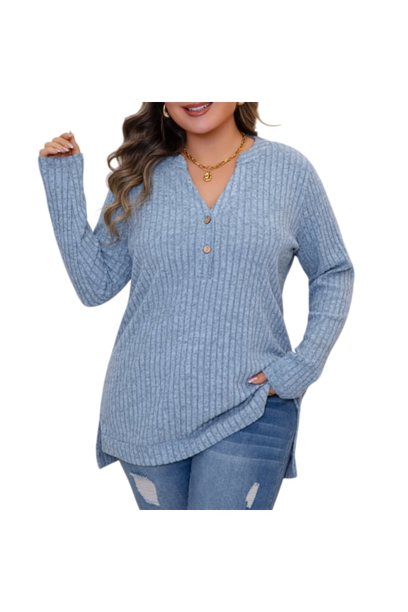 Womens Sweater Plus Size Long Sleeve V-Neck Pullover Sweaters for Women Lightweight Brushed Side Slit Tops,1XL~5XL