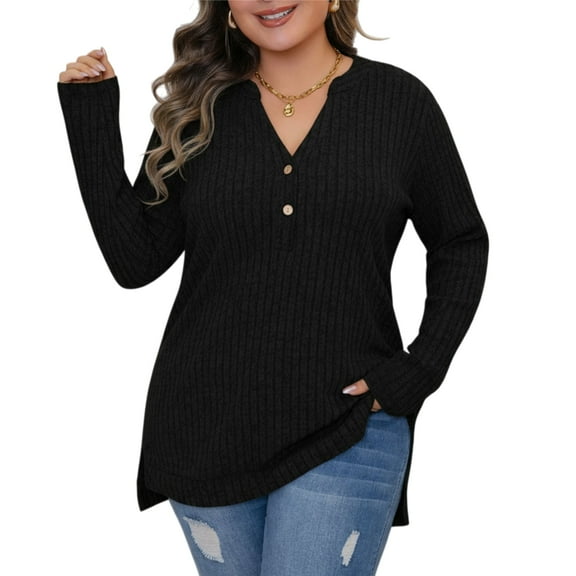 AviBest Womens Sweater Plus Size Long Sleeve V-Neck Pullover Sweaters for Women Lightweight Brushed Side Slit Tops,1XL~5XL