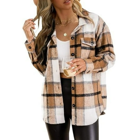 AELand Flannel Plaid Shirt for Women Button Down Jackets Long Sleeve Shackets Ladies Blouses Coat
