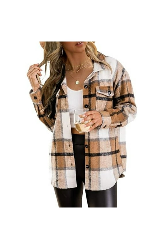Flannel Plaid Shirt for Women Button Down Jackets Long Sleeve Shackets Ladies Blouses Coat