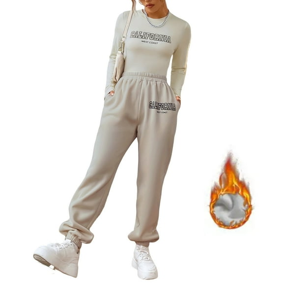 AELand Women's 2-Piece Casual Outfit Set, Beige Crew Neck Pullover Top and Long Sweatpants, M