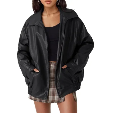AELand Women's Casual Leather Jackets Faux Suede Motorcycle Coats Winter Outerwear,Black,S