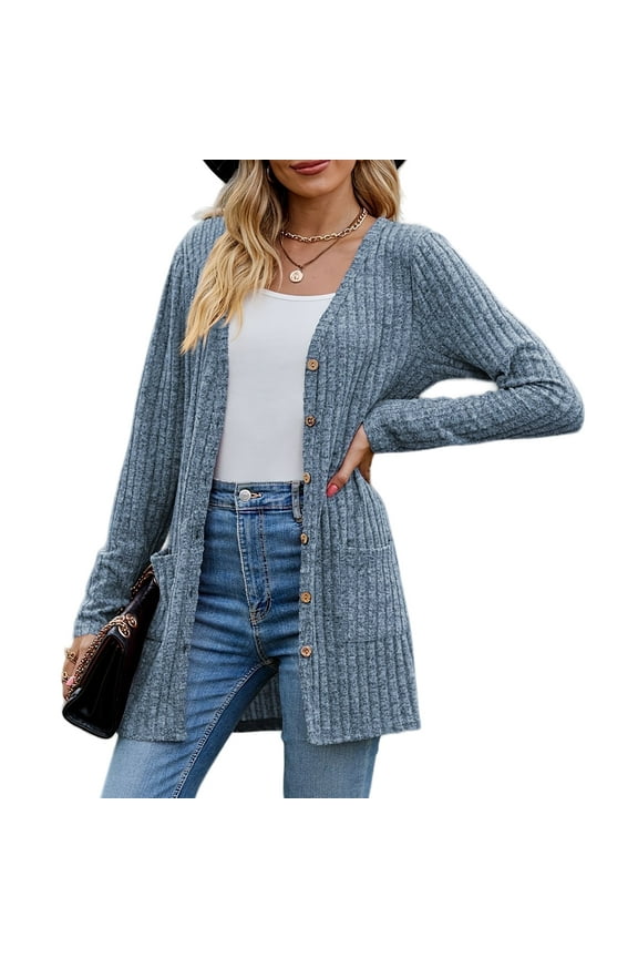 Women's Casual Ribbed Knit Cardigan Sweater, V-Neck, Long Sleeve, S-3XL