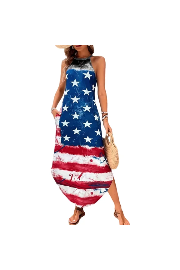 Women's Dresses , Round Neck Sleeveless Flag Printed Long Maxi Dresses，L