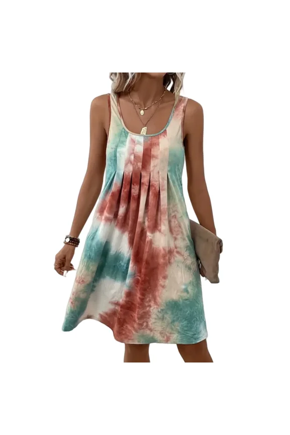 Women's Dresses , Round Neck Sleeveless Random Printed Tie Dye Tank Dresses,,S~XXL