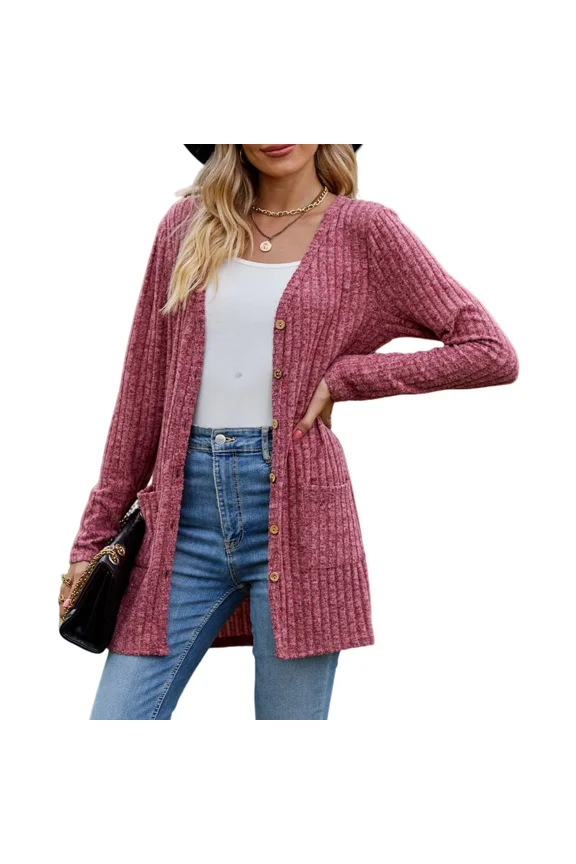 Women's Long Sleeve Cardigan Sweater Lightweight Button Down Brushed Knit Tops with Pockets S~3XL