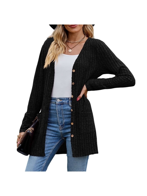 Women's Long Sleeve Cardigan Sweater Lightweight Button Down Brushed Knit Tops with Pockets S~3XL
