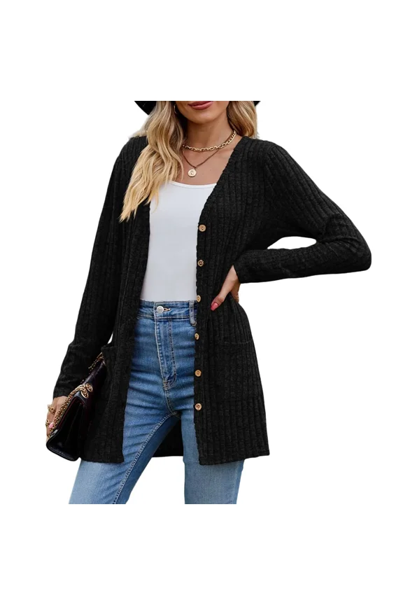 Women's Long Sleeve Cardigan Sweater Lightweight Button Down Brushed Knit Tops with Pockets S~3XL