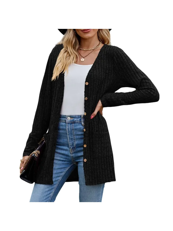Women's Long Sleeve Cardigan Sweater Lightweight Button Down Brushed Knit Tops with Pockets S~3XL